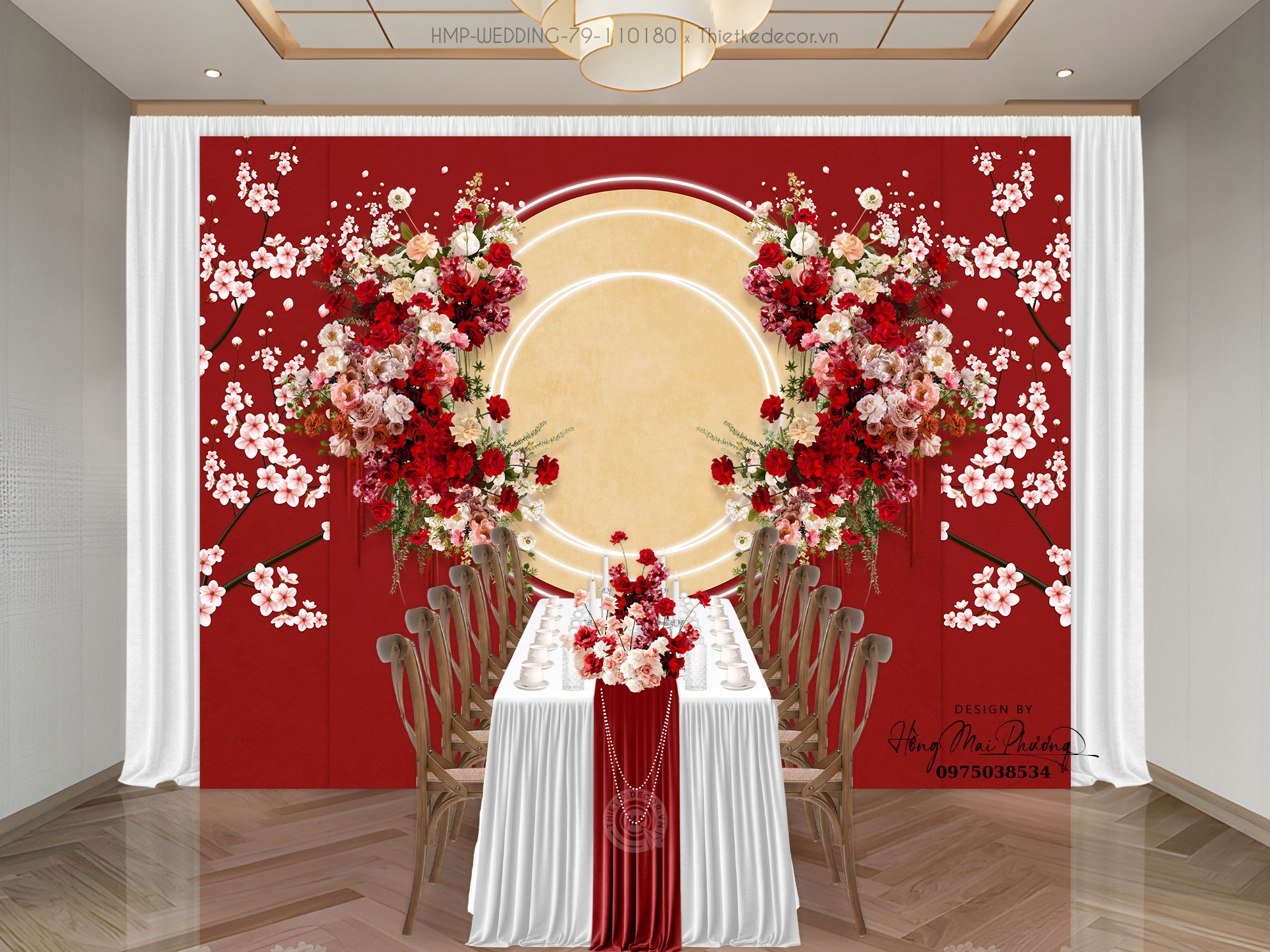 Gia tiên tone đỏ phối vàng Vintage , họa tiết cành hoa